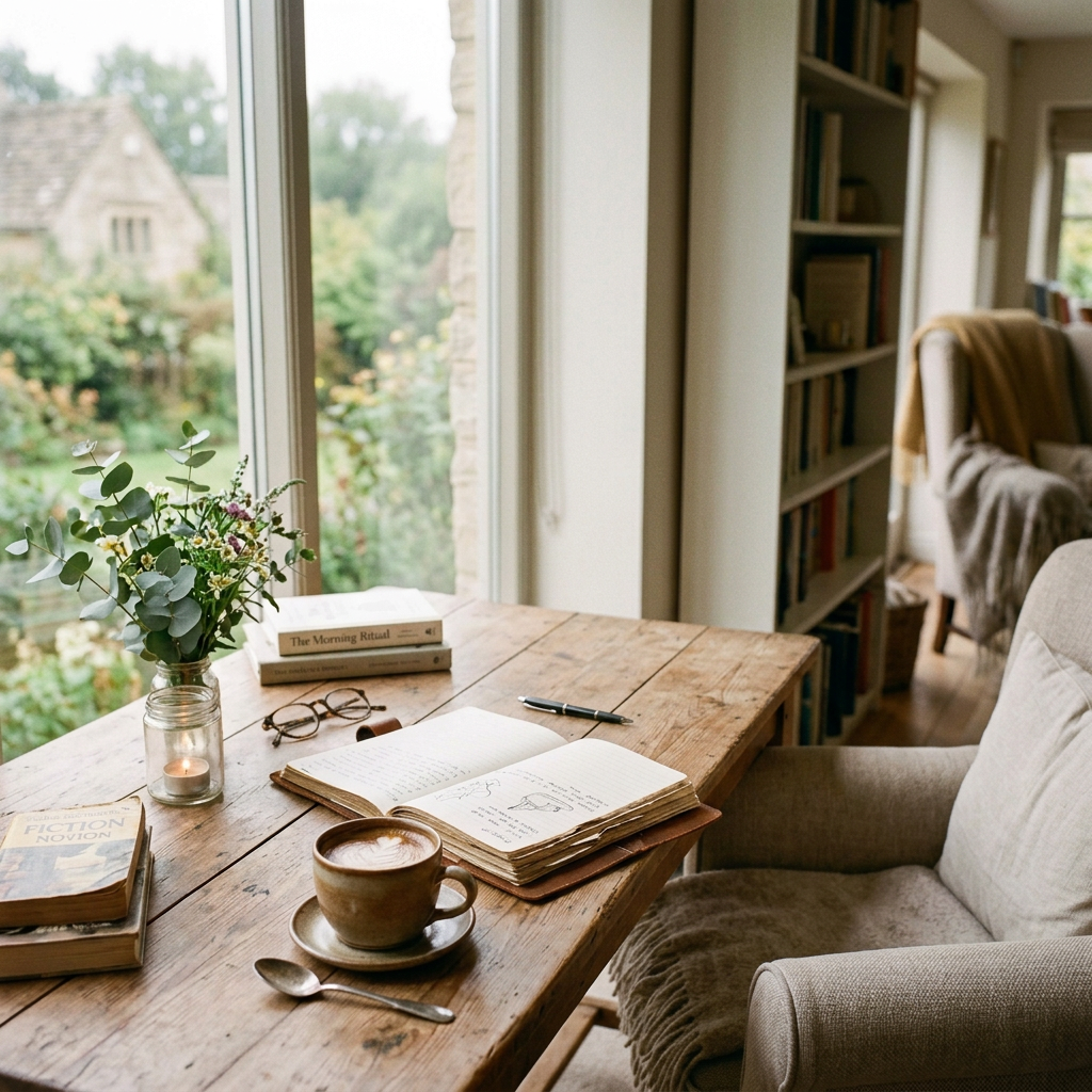 Open journal, coffee, flowers, books, and glasses on a wooden table